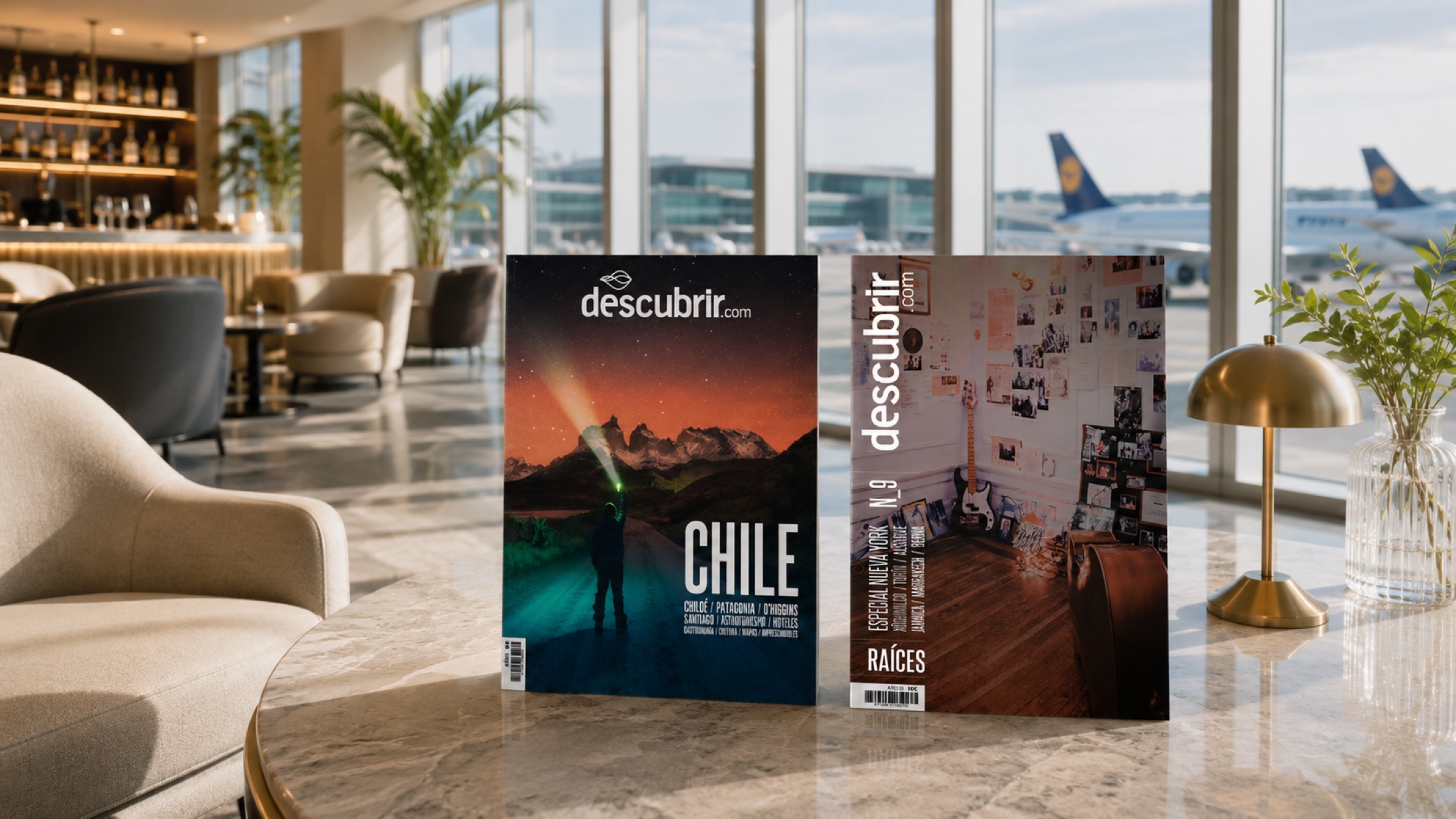 Revistas Descubrir expuestas en una sala VIP de aeropuerto