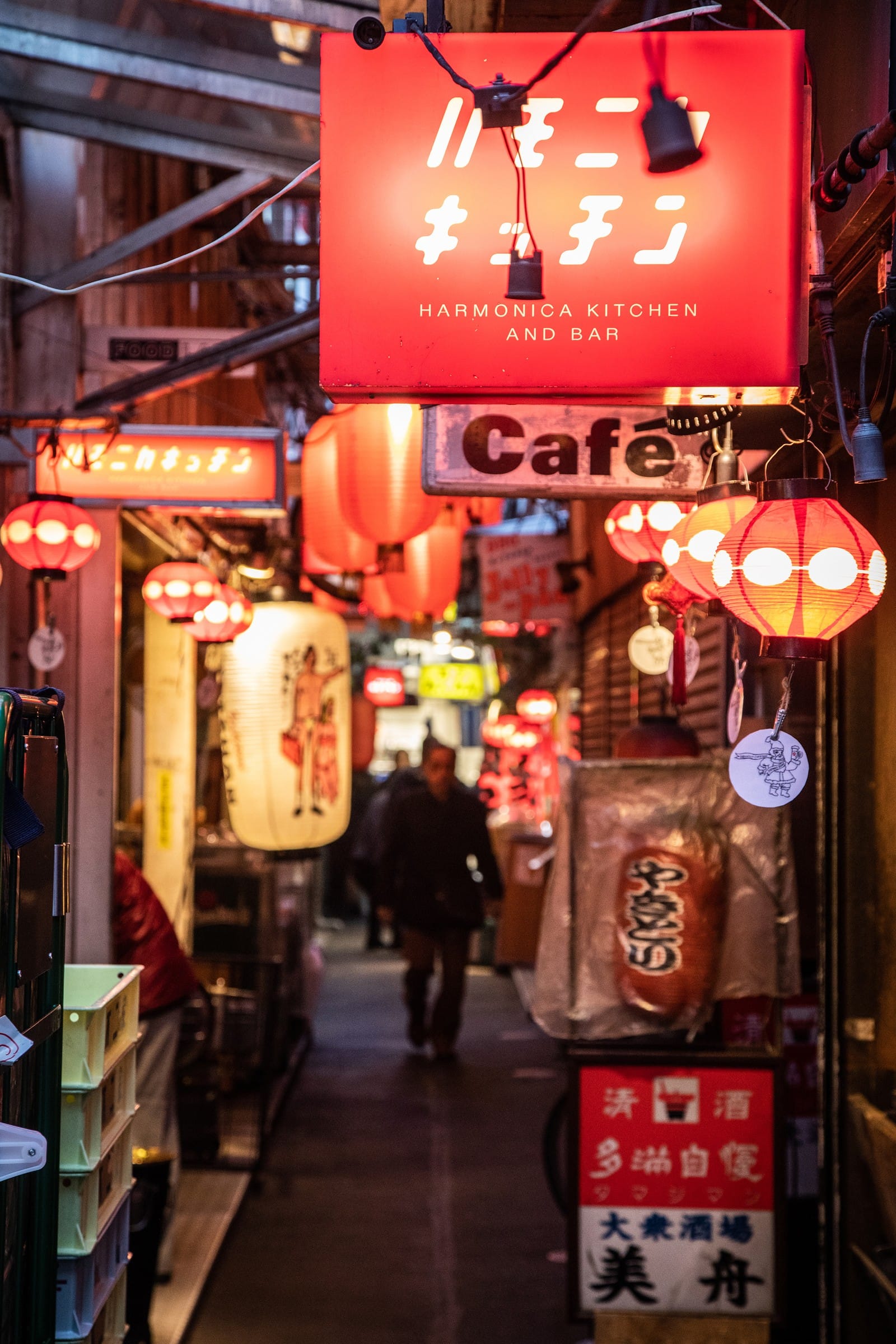 Un callejón de Kichijoji iluminado por carteles y farolillos rojos
